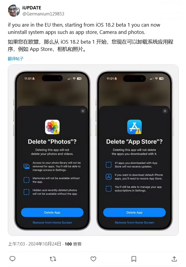 寮步镇苹果手机维修分享iOS 18.2 支持删除 App Store 应用商店 